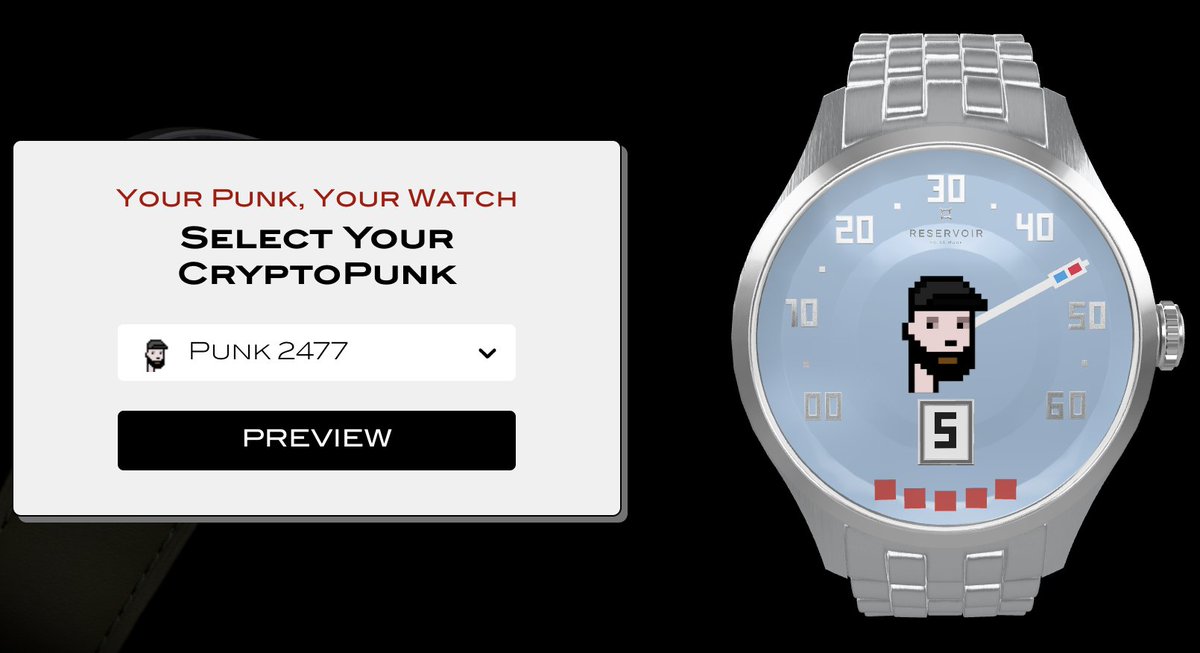 ReservoirWatch's tweet photo. @pixelpete Introducing RESERVOIR watch exclusive project for the CryptoPunks community: a personalized watch, uniquely designed to reflect your CryptoPunk! Your timepiece awaits. Find out more: https://t.co/rwDc27nSdH https://t.co/7XdZ019FWo