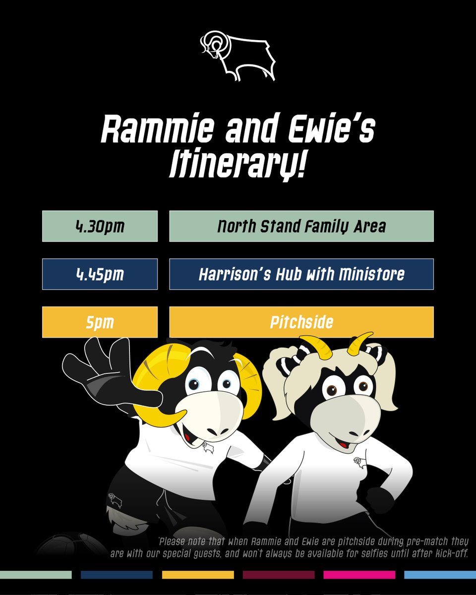 📣 CALLING ALL YOUNG RAMS!📣

You can easily find Rammie and Ewie this matchday by following the itinerary below for your best chance to snap a photo with them! 🔎📸

#dcfc #dcfcfans 🖤🤍