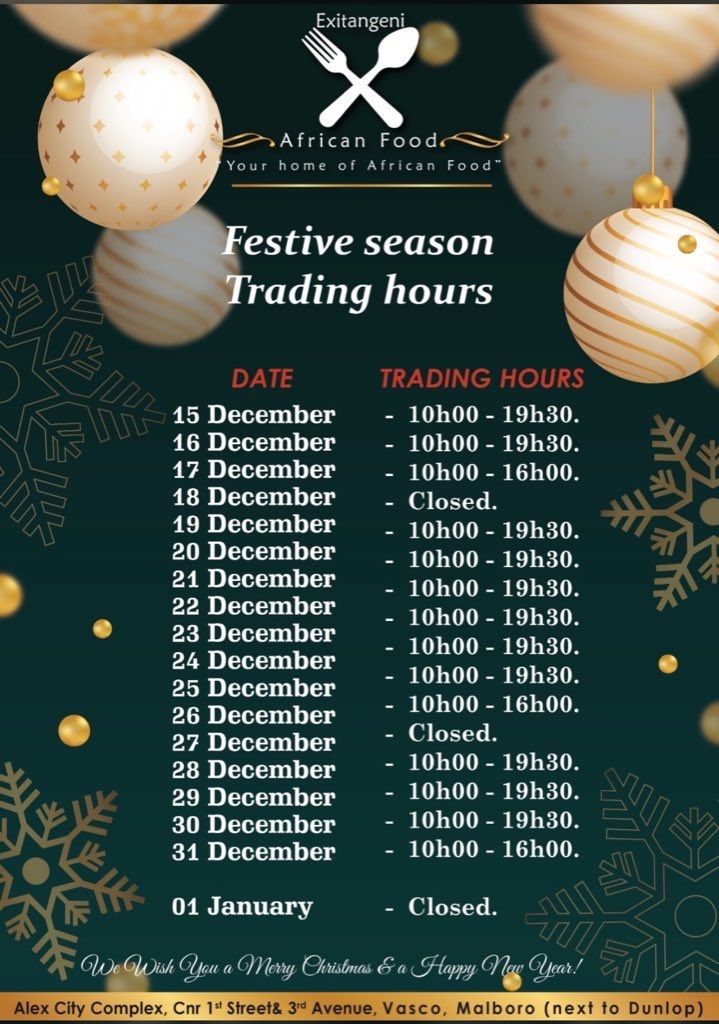 Kindly RT we operating,come grab a quick meal ,hardbody chicken,Mogudu ,Nhloko ,pork trotters,Cow heels . Check out our Christmas special 🙏🏾🙏🏾🙏🏾🫶🏾