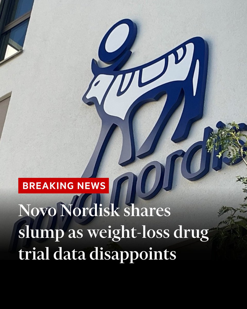 Breaking news: Shares in Novo Nordisk have tumbled as much as 20% after the company's next-generation obesity drug Cagrisema missed its goal for an average of 25% weight loss on.ft.com/3P3JRbZ