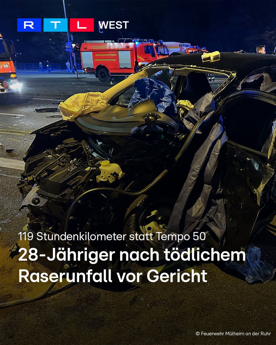 RTLWEST's tweet photo. Im März kommt es zu einem tödlichen #Autounfall in #Mülheim an der Ruhr. Ein 28-Jähriger kracht mit 119 Stundenkilometern in einen Kleinwagen. Erlaubt ist Tempo 50. Die Beifahrerin im Kleinwagen stirbt, ihr Mann und ihr Sohn (10) werden schwer verletzt. Seit heute läuft der #Prozess gegen den 28-jährigen Unfallverursacher. Laut #Staatsanwaltschaft soll der Angeklagte zuvor mit seinem 300-PS starken Auto im Slalom-Kurs mehrere rote Ampeln überfahren haben. Ein #Urteil wird im kommenden März erwartet.