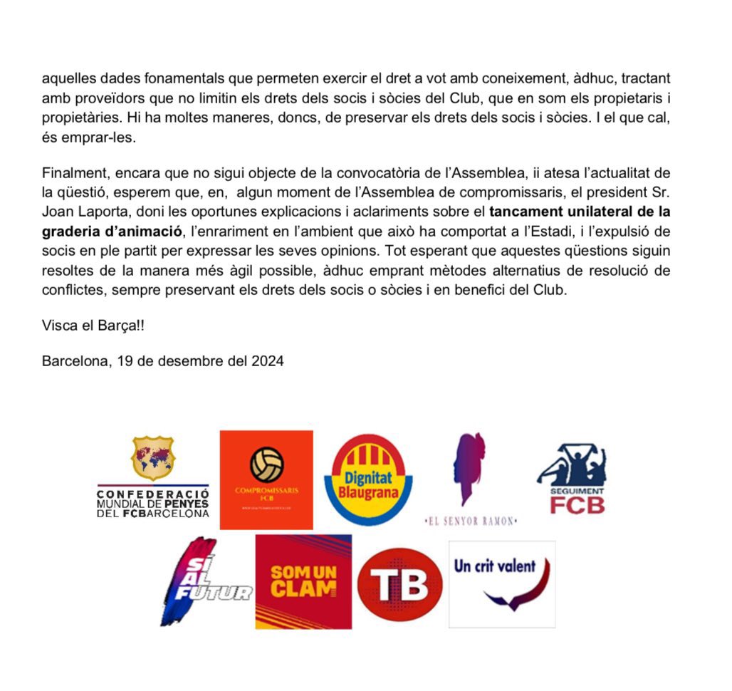 Marsallorente's tweet photo. 🚨 Durísimo comunicado de colectivos de socios del Barça contra Laporta por la Asamblea del contrato con Nike. Aseguran que con asamblea telemática y sin proporcionar información a los compromisarios está vulnerando varios derechos fundamentales del socio y propietario del club. https://t.co/VSy7HBSUFx