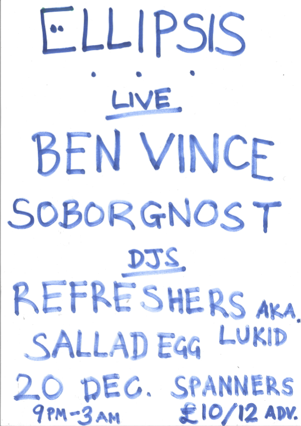 Solo live show tonight, first ellipsis clubnight in 5 years! Feat. moi, <a href="/Lukid/">Lukid</a> aka Refreshers, Soborgnost &amp; Sallad Egg at Spanners, 9-3, last tix -&gt; wegottickets.com/event/641978