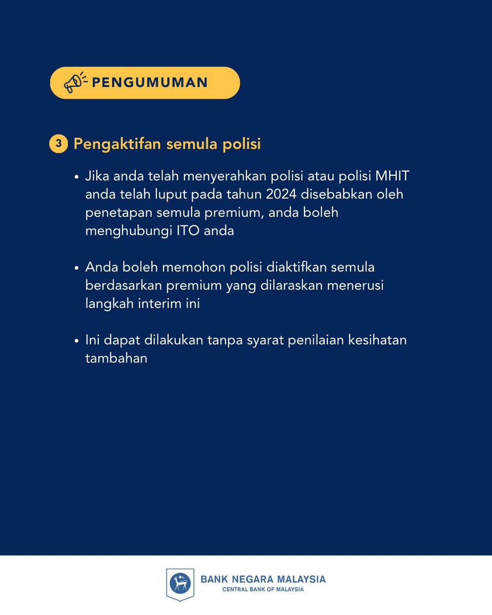 BNM_official's tweet photo. Hari ini kami mengumumkan langkah interim yang dipersetujui dengan industri insurans dan takaful untuk membantu pemegang polisi yang telah mengalami perubahan pada premium produk insurans/takaful perubatan dan kesihatan (MHIT) mereka. Langkah-langkah interim ini telah diperkenalkan bagi mengurangkan kesan kewangan pada masa ini kepada pemegang polisi dan memastikan perlindungan MHIT yang berterusan.

Baca siaran akhbar kami di https://t.co/qBA5agj1AI 

#SiaranAkhbarBNM