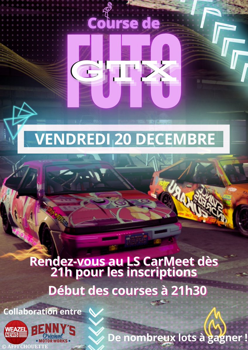 Vous prendriez bien un peu de vroum vroum ? 
Le Weazel News et le Benny's ont concoctés un évènement pour les amateurs de Futo GTX (ou pour les curieux) 👀
Rendez-vous ce soir à partir de 21h au LS CarMeet pour une course de Futo GTX ! 🏎️
#GTAV
#GTARP
#losplantos
#courses