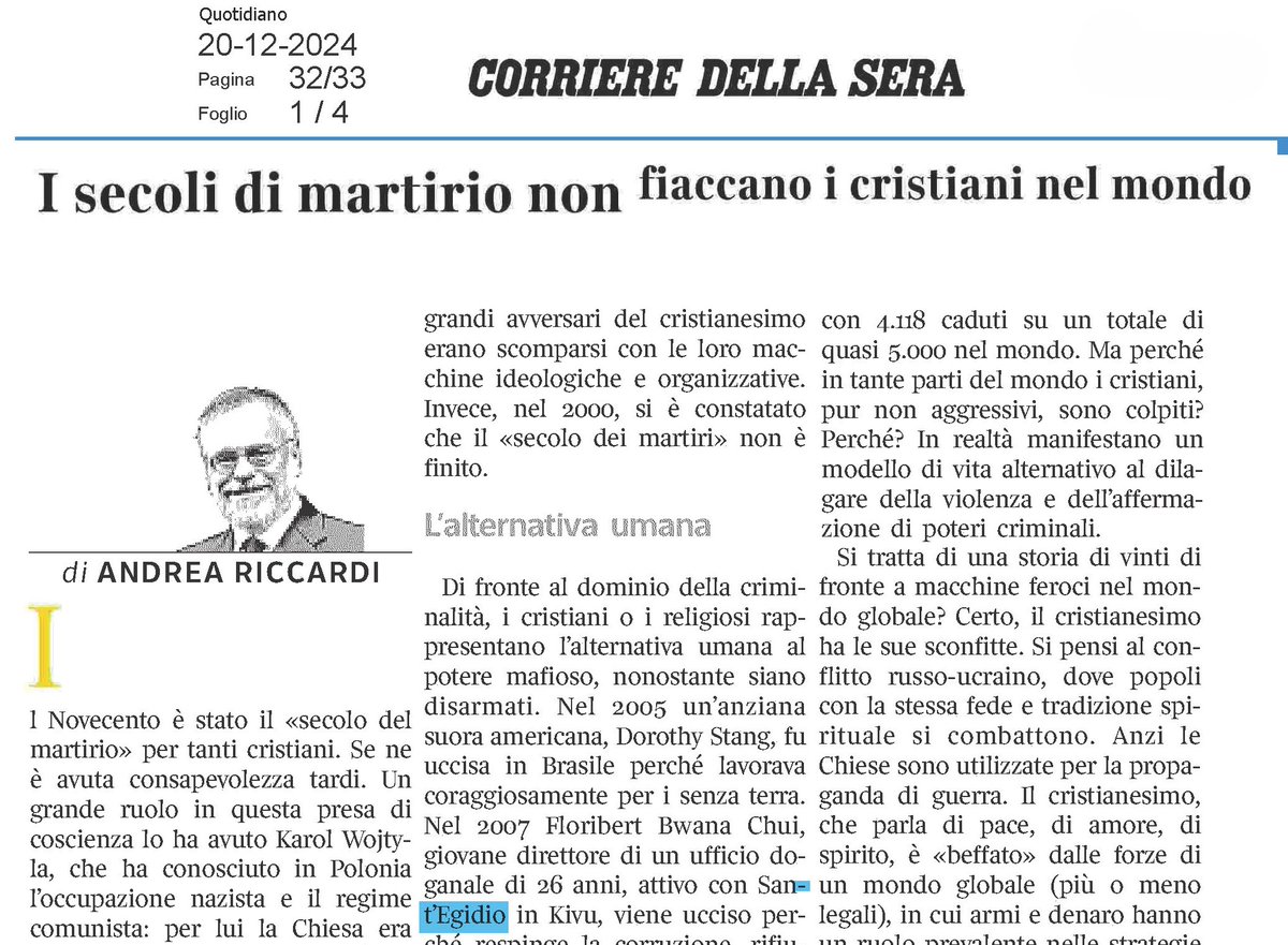 santegidionews's tweet photo. I secoli di martirio non fiaccano i cristiani nel mondo. Editoriale di Andrea Riccardi @Corriere #20dicembre  https://t.co/nKEYh5dXuz https://t.co/5bCfOO8SwT