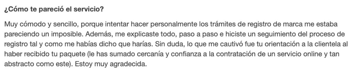 Cuando nos piden para registrar una marca enviamos un regalito, son varios meses los que hay que esperar y queremos que lo hagan en la mayor calma.

Sara, luego de haber pasado por todo el proceso de registro de marca, nos dejó este testimonio: