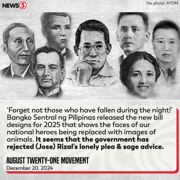 News5PH's tweet photo. Tinutulan ng August Twenty-One Movement #ATOM ang inilabas ng Bangko Sentral ng Pilipinas #BSP na disenyo ng bagong peso polymer banknotes.

Tampok sa disenyo ang larawan ng mga hayop sa halip na mukha ng mga bayani at martir tulad ng dating disenyo. #News5 https://t.co/DYqPSzidAJ