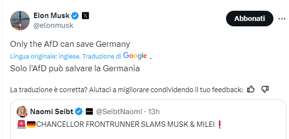 Per Elon Musk solo i nazisti del AFD possono 
salvare la Germania!
siamo sulla piattaforma di una testa di cazzo
fascista con 200 milioni di imbecilli che lo seguono!