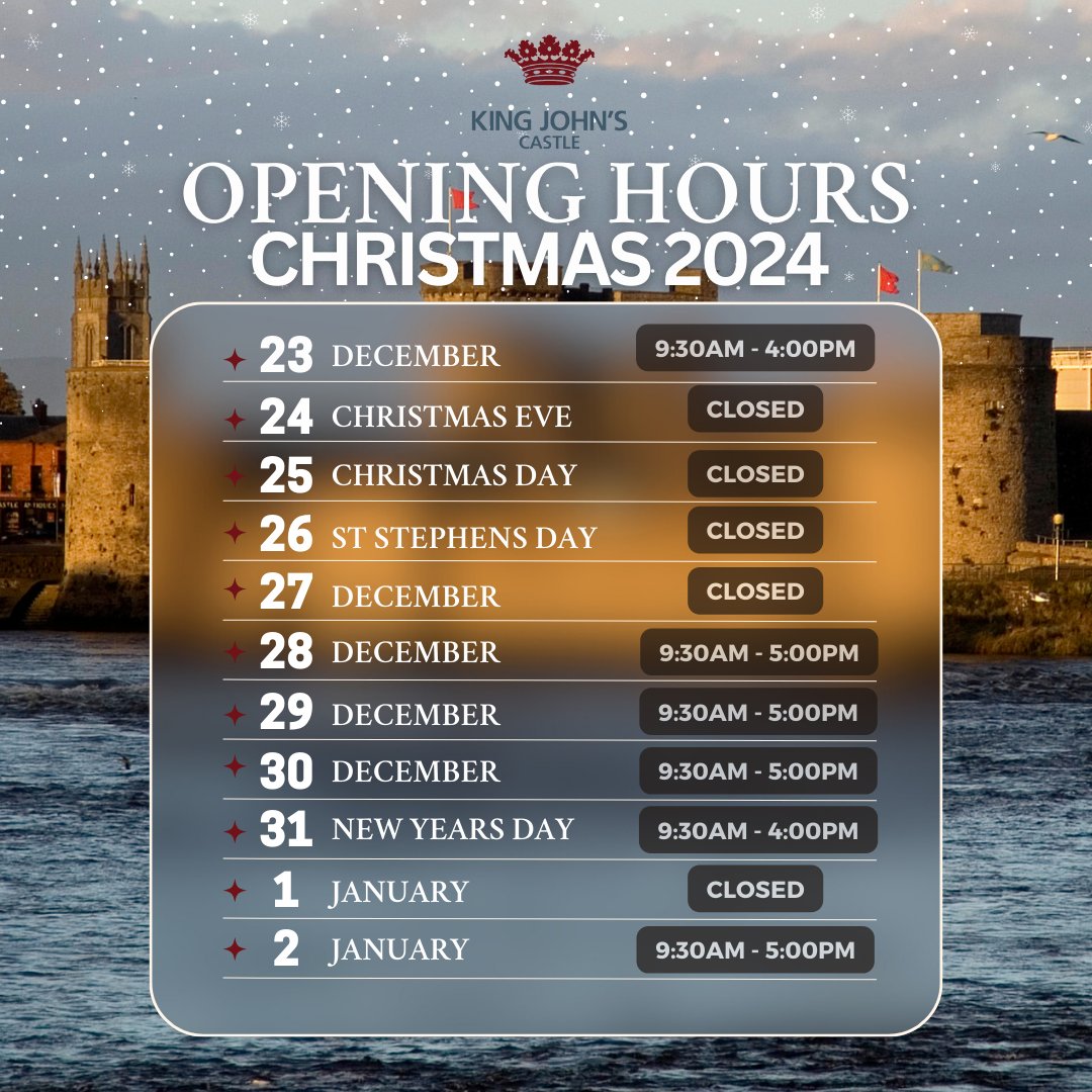 King John's Castle will be closed from December 24th to December 27th, reopening on December 28th.

Please note, last admission is one hour before closing time. Come and experience the magic of the castle this festive season!  🏰❄️

#KingJohnsCastle #ChristmasHours