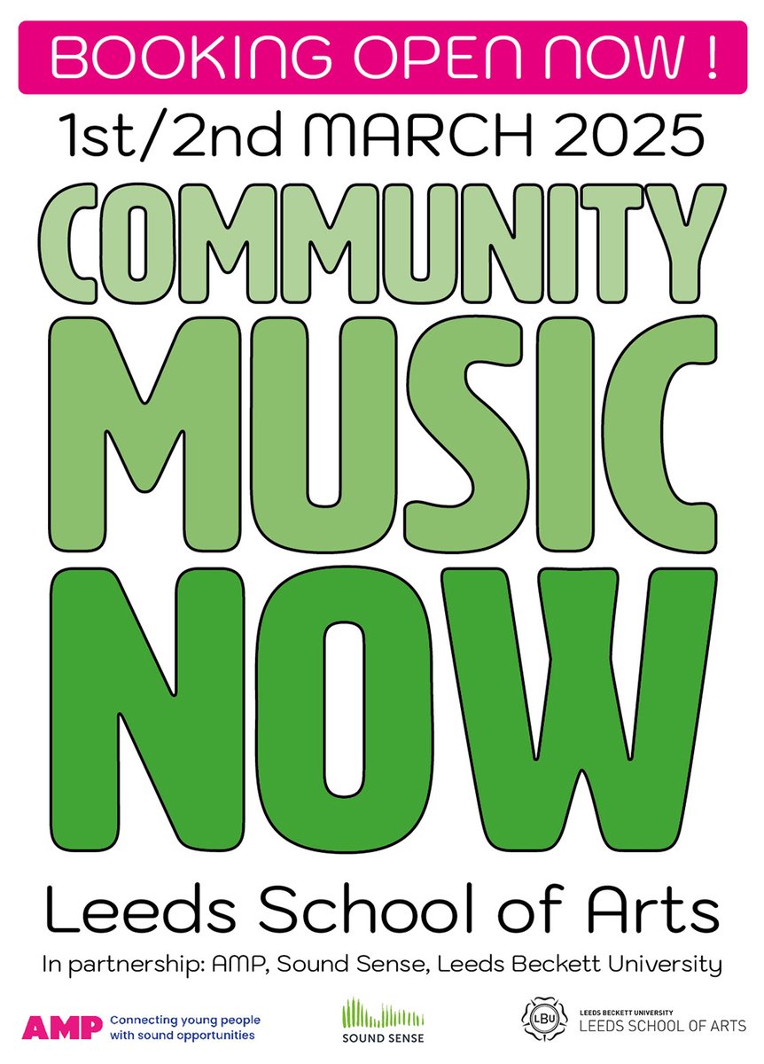 Booking is now open for our Community Music Now event, taking place on 1 &amp; 2 March 2025 in Leeds!
Community Music Now is a collaborative production between Sound Sense, <a href="/_ampmusic_/">AMP</a> &amp; <a href="/leedsbeckett/">Leeds Beckett</a>  
Find out more and book your ticket here eventbrite.co.uk/e/community-mu…