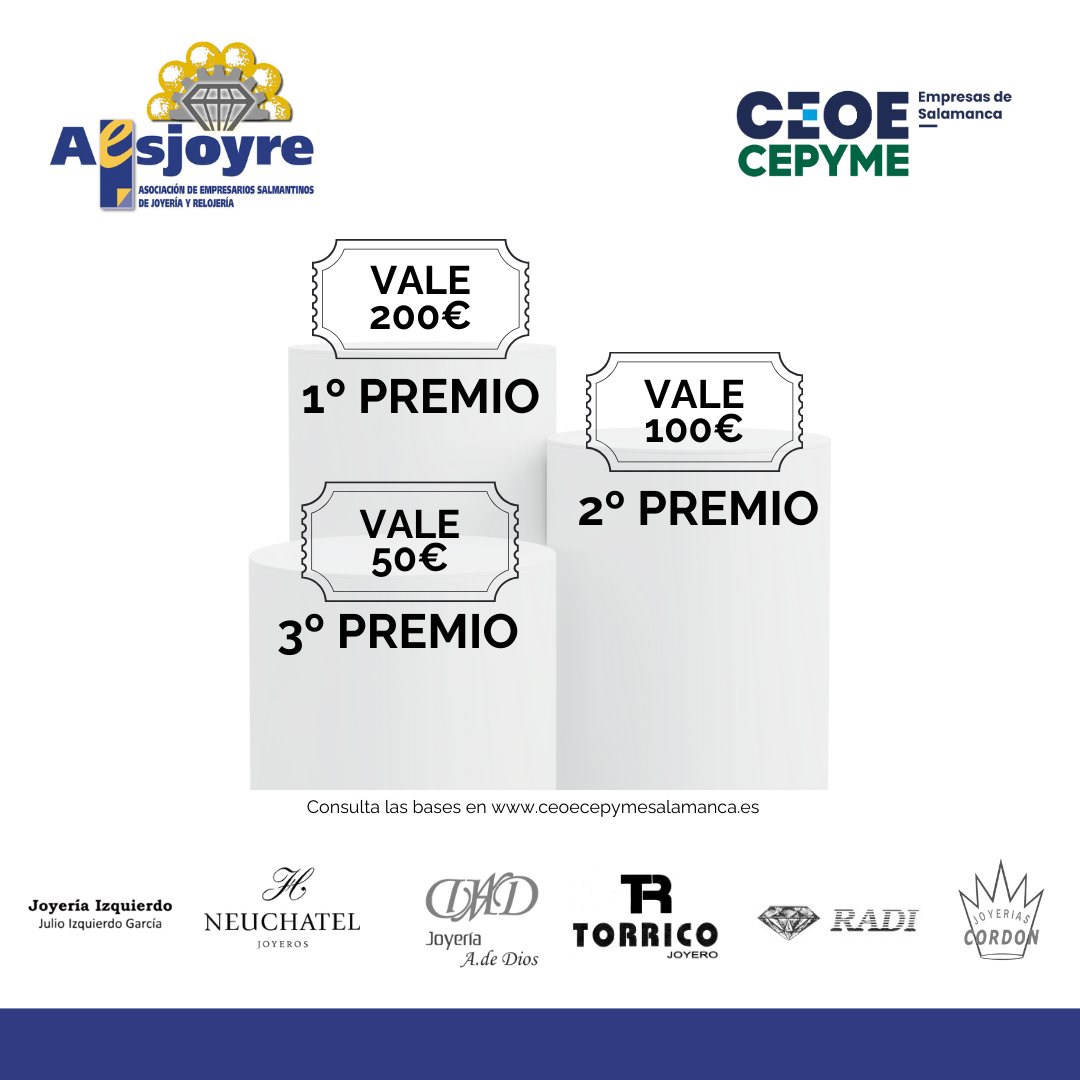 ceoecepymesa's tweet photo. Las joyerías #AESJOYRE celebran la #Navidad con un sorteo de premios entre clientes
▶ Pueden ganar vales de 200€, 100€ y 50€ para gastar en Joyería #PacoIzquierdo @neuchatel_glam #A.DeDios @joyeriatorrico #Radi #Cordón
👉Más info: https://t.co/qsPLTmaqlx
#vivetucomercio https://t.co/f3ME10ISJv