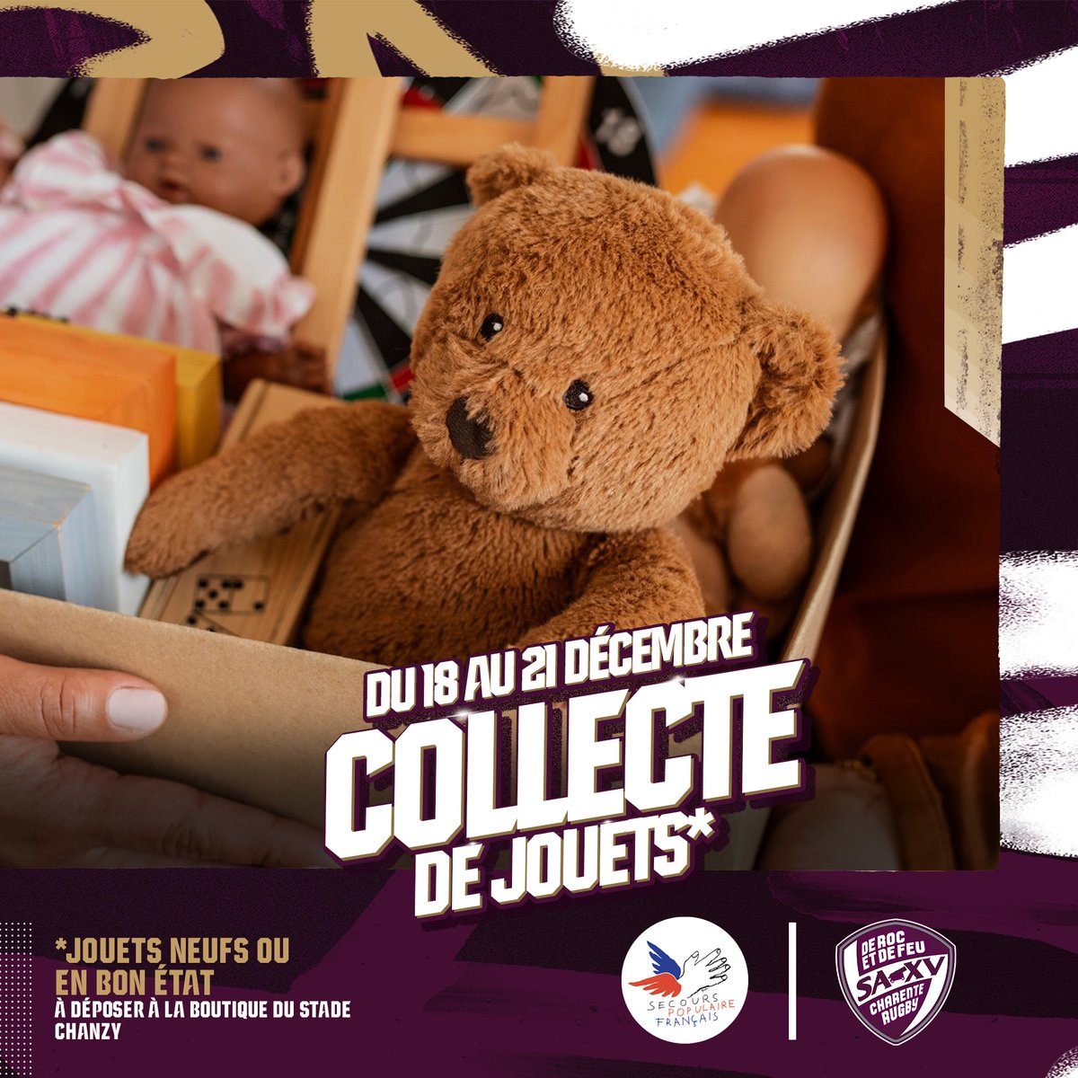 SAXV_Charente's tweet image. 🎅 Si vous en avez la possibilité, pensez à venir ce soir à Chanzy avec des jouets neufs ou en bon état pour le Secours Populaire Français. 🧸

#SAXV #FDD #Rugby