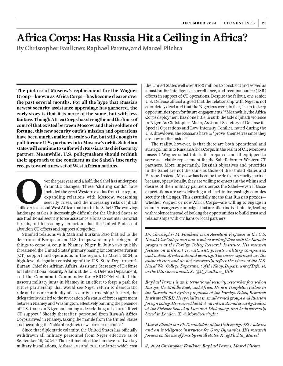 December analysis: “Africa Corps: Has Russia Hit a Ceiling in Africa?” by Christopher Faulkner (<a href="/C_Faulkner_UCF/">Christopher Faulkner</a>), Raphael Parens (<a href="/MoreSecurityInt/">Raphael Parens</a>), and Marcel Plichta (<a href="/plichta_marcel/">Marcel Plichta</a>) 
ctc.westpoint.edu/africa-corps-h…