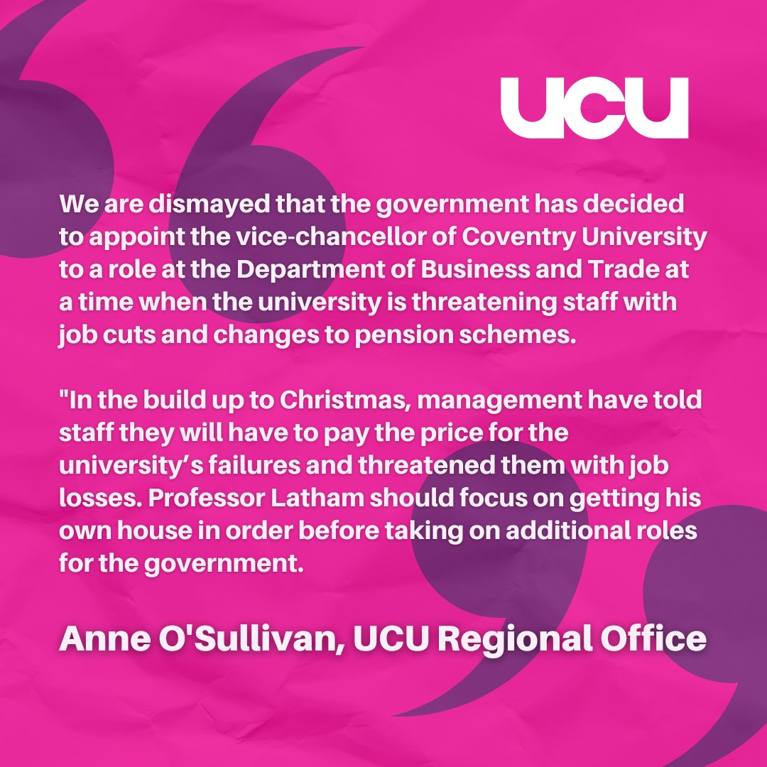We are disgusted that Coventry University Vice Chancellor has been named a Non-Executive Board Member at the Department for Business and Trade whilst threatening over 300 staff with the sack 👇 <a href="/coventryucu/">CoventryUCU</a> 

Read more 👉 ucu.org.uk/article/13799/…