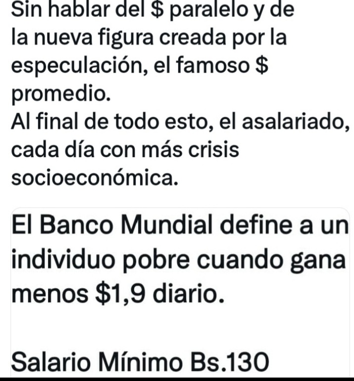 Es cierto no todo en la vida es dinero 💰, pero llegar al estado de pobreza extrema, es decir a la crisis socioeconómica que tienen los jubilados y Pensionados, como también trabajadores activos asalariados, es un crimen de este gobierno.
Salario mínimo 130Bs igual a 2.5$ al mes.