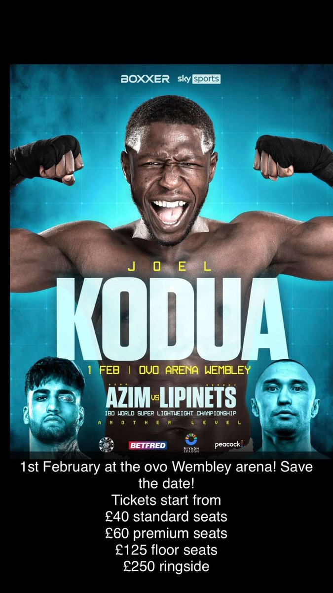 joel_fk_'s tweet image. Message me for tickets to come and support ❤️⚒️ 
Prices : £250 Ringside
£125 Floor seats
£60 premium seats
£40 standard seats

#boxing #fightnight #irons #AzimLipinets | Feb 1 | OVO Wembley Arena | @boxxer @MrTundeAjayi
