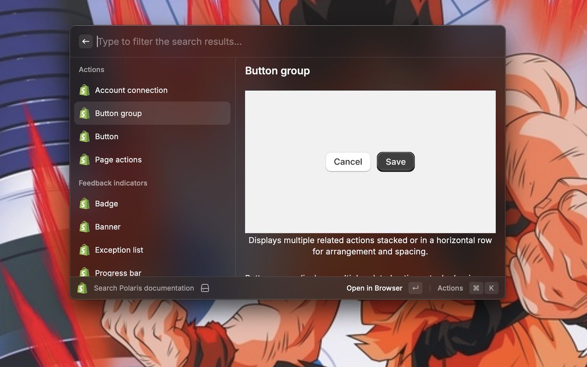 approxhuman's tweet photo. Made a quick @raycastapp extension for @Shopify Polaris last week to search Polaris docs https://t.co/SWqN5QWObe