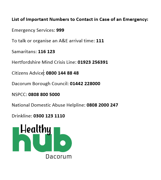 HealthyDacorum's tweet photo. The Healthy Hub Dacorum will pause over the Christmas period from 24th December 2024 until 3rd January 2025.

Whilst we are away, if you need support with an emergency the list of phone numbers below can be useful. https://t.co/vlMrShVd3W