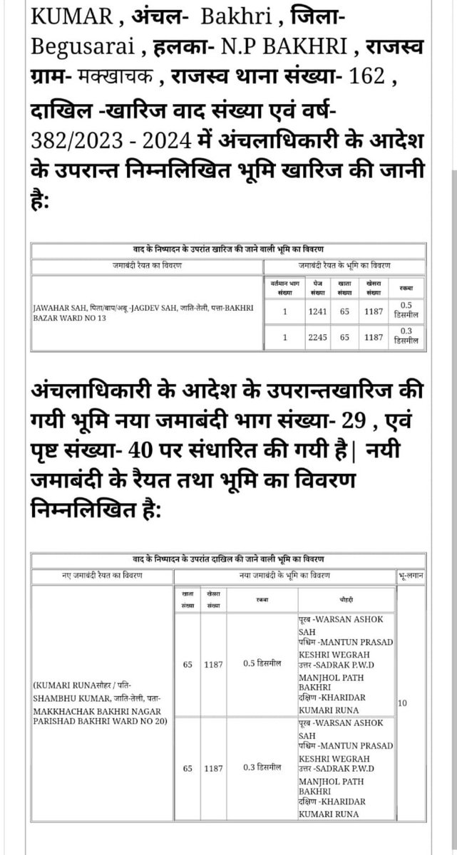 Rajkishor29197's tweet photo. @BJP4Bihar @DilipJaiswalBJP श्री दिलीप जायसवाल जी माननीय मंत्री राजस्व एवं भूमि सुधार विभाग बिहार सरकार सह प्रदेश अध्यक्ष भाजपा बिहार पटना द्वारा यह घोषणा की है भूमि का मामला न्यायालय मे��� लंबित हो उसका दाखिल खारिज नहीं होगा अंचल अधिकारी बखरी बेगूसराय द्वारा दाखिल खारिज 382 /23-24 कर दिया गया है कार्रवाई हो https://t.co/Cuk5UrcTqP
