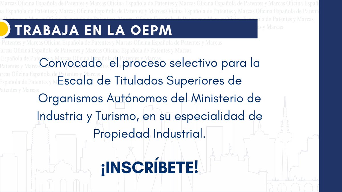 No pierdas la oportunidad de trabajar en defensa de los derechos de #PropiedadIndustrial, en aras del desarrollo económico y la innovación tecnológica. 
Te esperan un buen ambiente de trabajo y grandes posibilidades de desarrollo profesional.
Infórmate: oepm.es/es/detalle-not…