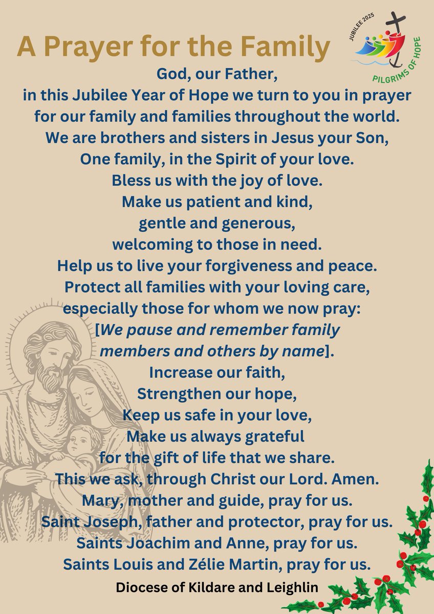 K&L Diocese Ireland (@kandlei) on Twitter photo For the feast of the Holy Family and at the beginning of the Jubilee Year of Hope we share the prayer from the World Meeting of Families in 2018. <a href="/BishopDNulty/">Bishop Denis Nulty</a> <a href="/CatholicBishops/">CatholicBishops</a> <a href="/IrishCathNews/">The Irish Catholic</a> <a href="/synodalpathway/">Irish Synodal Pathway</a> For the feast of the Holy Family and at the beginning of the Jubilee Year of Hope we share the prayer from the World Meeting of Families in 2018. <a href="/BishopDNulty/">Bishop Denis Nulty</a> <a href="/CatholicBishops/">CatholicBishops</a> <a href="/IrishCathNews/">The Irish Catholic</a> <a href="/synodalpathway/">Irish Synodal Pathway</a>