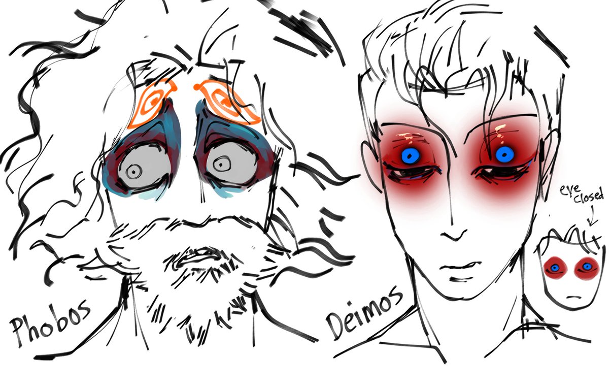 Horrordoctor1's tweet photo. Phobos's eyeshadow is meant to make his eyes look bigger to intimidate enemies. For Deimos his eyeshadow acts as his 'false eyes'.  It looks like he is always watching even when his eyes are closed, so he doesn't get attacked in his sleep https://t.co/6kIYo0qdc8