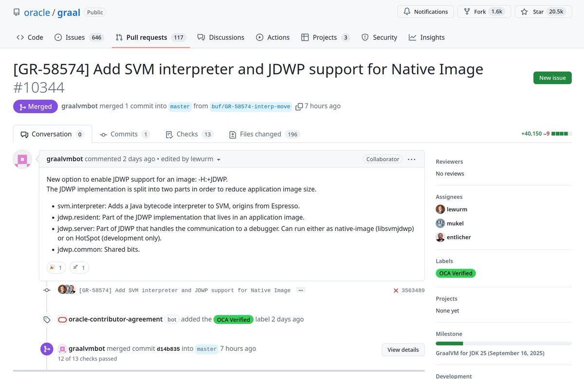 We just merged the current status of the upcoming JDWP support for @GraalVM Native Image! 🥳

This will soon provide developers with the same debugging experience they are used to in Java, but for native images! Stay tuned for more details.

github.com/oracle/graal/p…