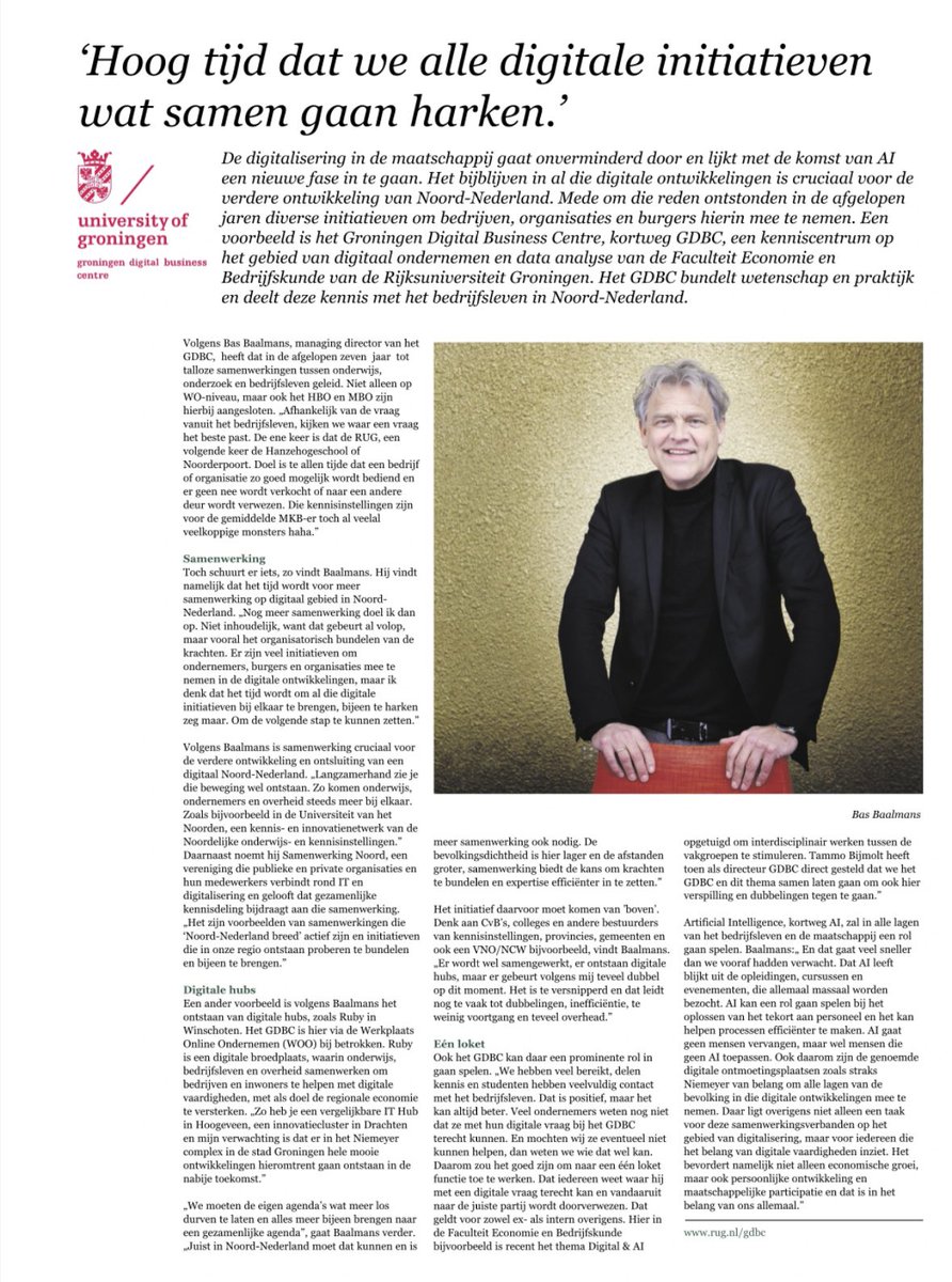 Groningen Digital Business Centre (GDBC) - RUG (@gdbc_rug) on Twitter photo ‘Het wordt hoog tijd de vele digitale initiatieven wat samen te harken’ aldus <a href="/basbaalmans/">Bas Baalmans</a> van <a href="/GDBC_RUG/">Groningen Digital Business Centre (GDBC) - RUG</a> <a href="/univgroningen/">University of Groningen</a> in <a href="/dvhn_nl/">Dagblad van het Noorden</a> over het digitale ecosysteem in Noord-Nederland #digital ‘Het wordt hoog tijd de vele digitale initiatieven wat samen te harken’ aldus <a href="/basbaalmans/">Bas Baalmans</a> van <a href="/GDBC_RUG/">Groningen Digital Business Centre (GDBC) - RUG</a> <a href="/univgroningen/">University of Groningen</a> in <a href="/dvhn_nl/">Dagblad van het Noorden</a> over het digitale ecosysteem in Noord-Nederland #digital