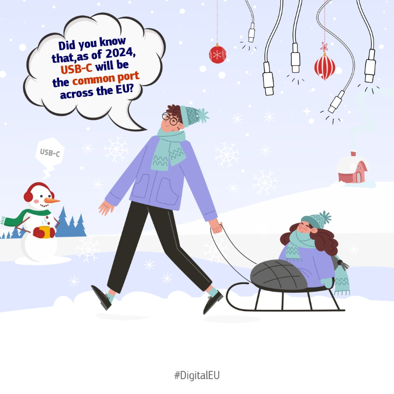 DigitalEU's tweet photo. 🔌 Do you know that USB-C will be the common port for portable electronic devices in the 🇪🇺?

You &amp; your family can use the same cable to charge smartphones, tablets, headsets &amp; other portable devices regardless of their manufacturer or brand.

Discover the #EUCommonCharger ⤵️