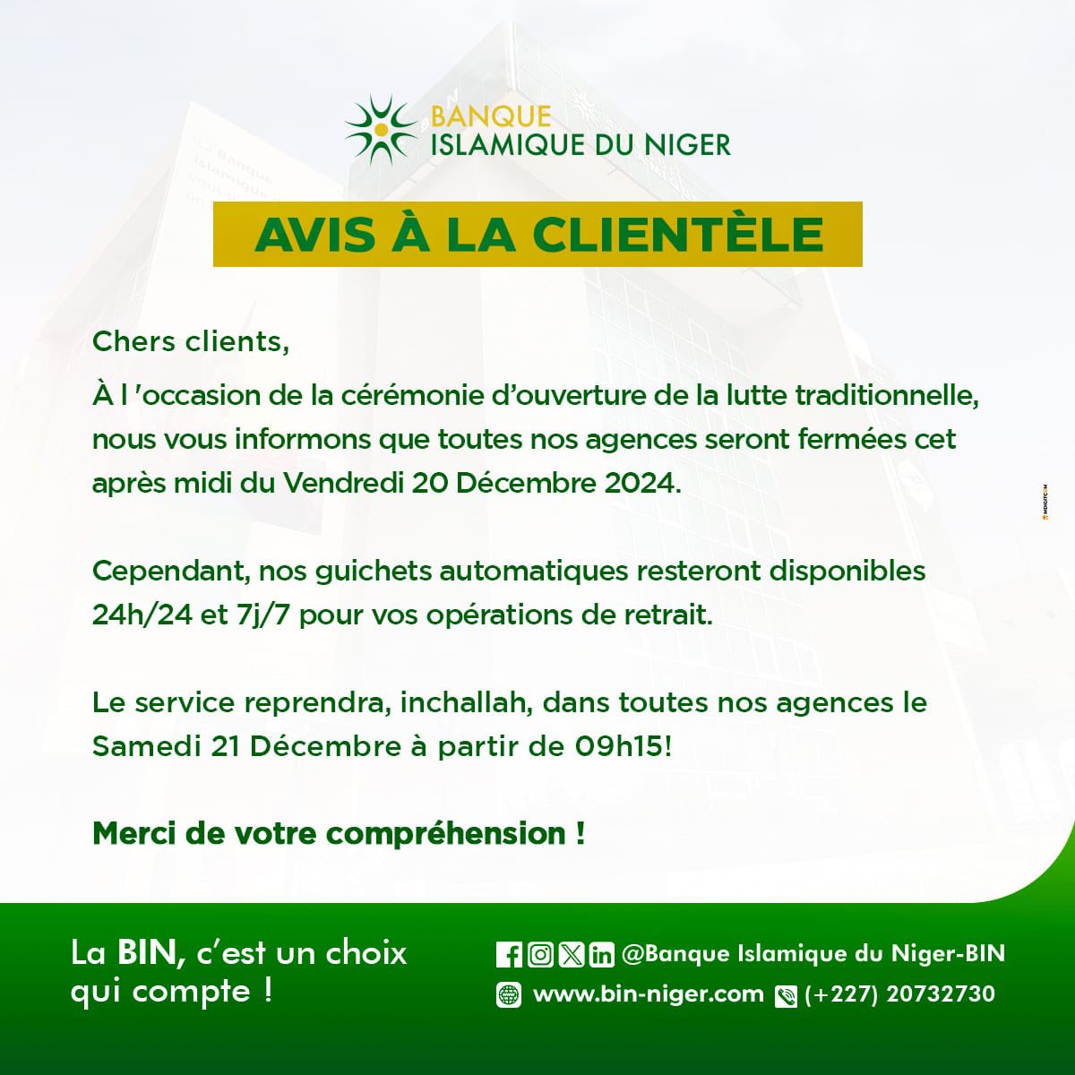 #avisàlaclientèle 

Faites le choix qui compte!
—————————————
Site Web 🌐 bin-niger.com
La BIN , C’est un choix qui compte! 

#BanqueIslamiqueDuNiger #financeislamique  #BinNiger #banque #Niger