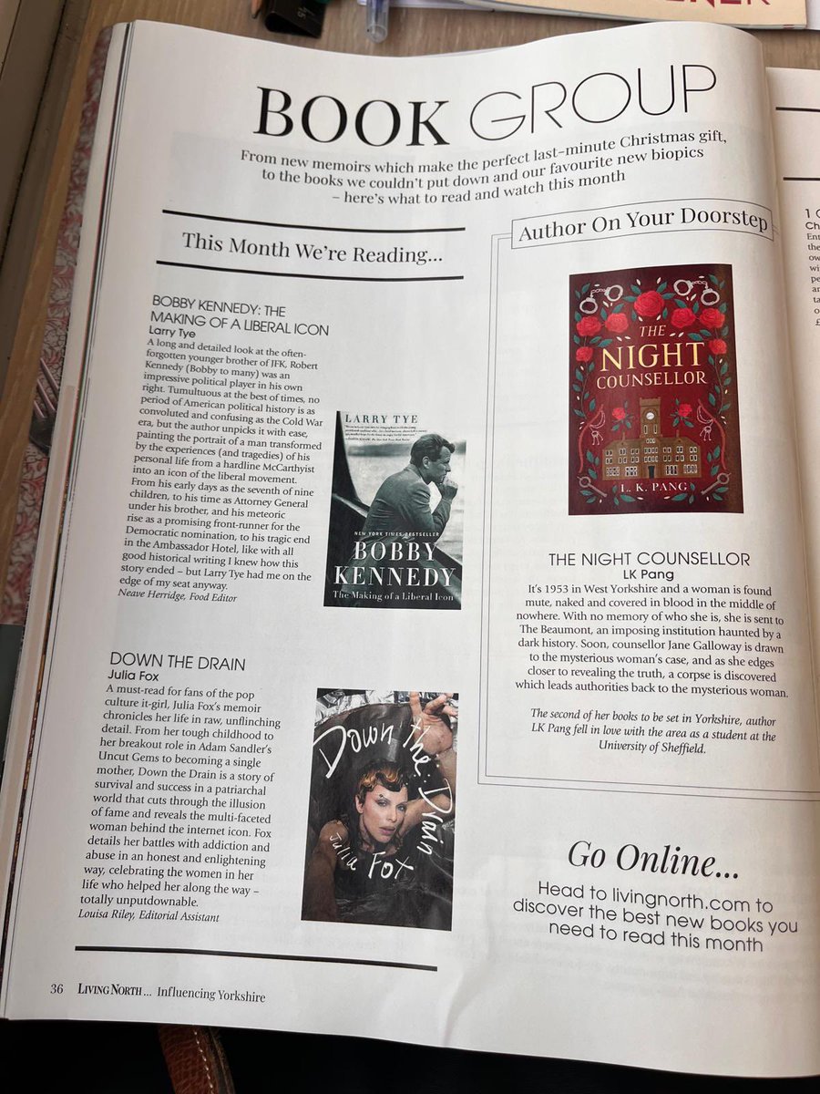 The Night Counsellor’s featured in January’s Living North Magazine! 🙌 #livingnorth #bookgroup #yorkshire #thenightcounsellor #historicalfiction #psychologicalthriller #suspense #1950s #authorlife