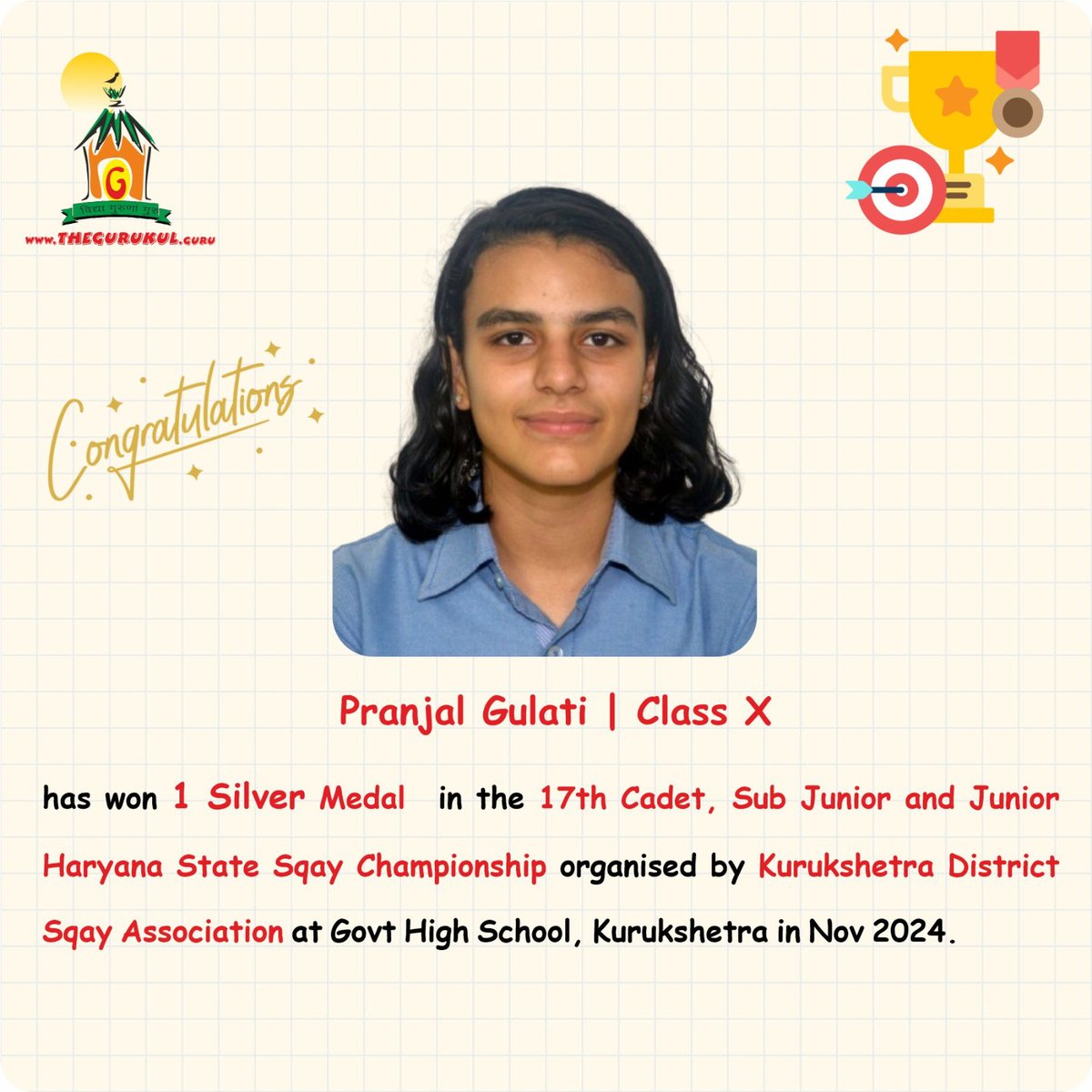 Heartiest congratulations to The #Gurukul, #Panchkula’s #SqayChampion Pranjal Gulati (10) who has won 1 #SilverMedal in the 17th Cadet, Sub Junior &amp; Junior Haryana State #SqayChampionship organised by Kurukshetra District #SqayAssociation at #GovtHighSchoolKurukshetra in Nov 2024