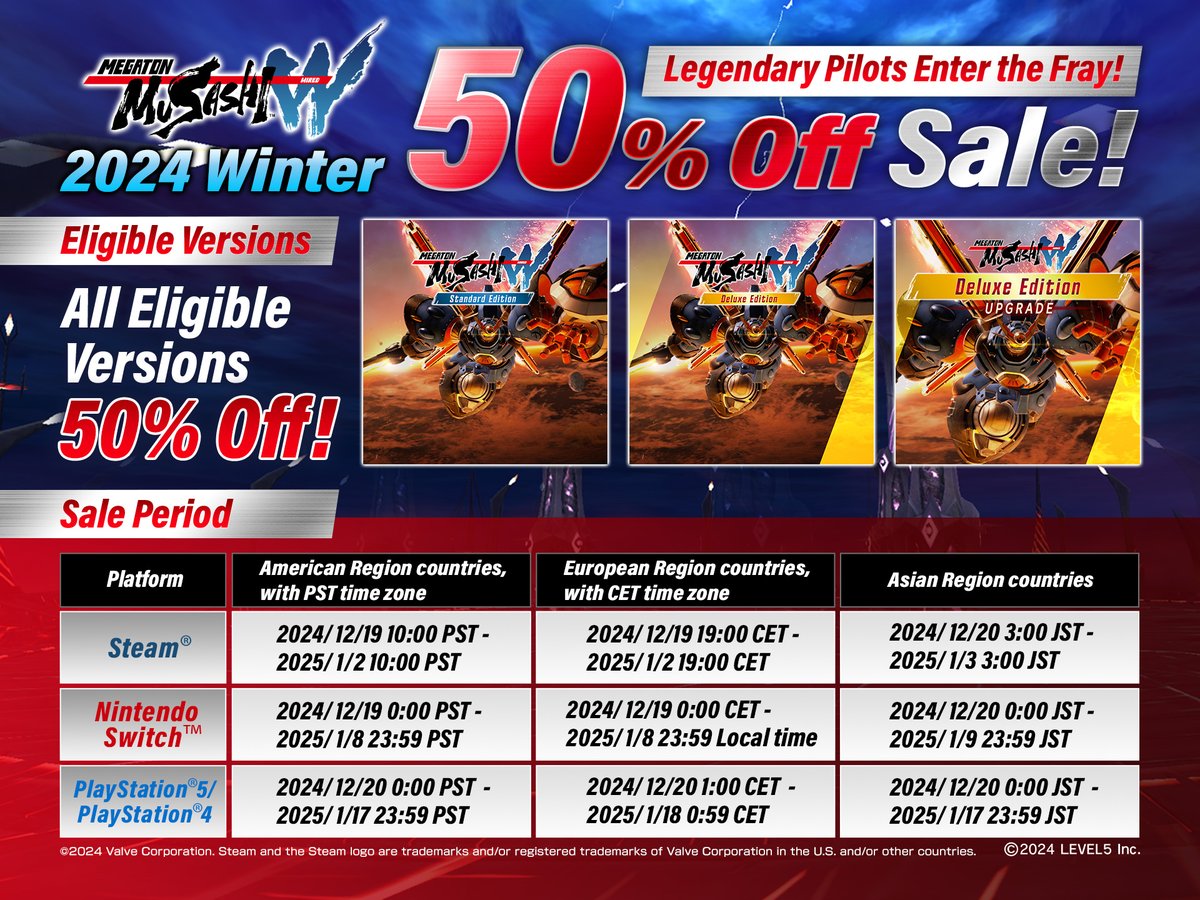 L5_musashi_EN's tweet image. #MEGATONMUSASHI W is 50% off!
Enjoy thrilling robot action &amp;amp; hack-and-slash gameplay at half the price &amp;amp; make use of the boosted drop rates for high-rarity parts &amp;amp; weapons.
Only available for a limited time!

For more details:
megaton-musashi.jp/wired/en/sale