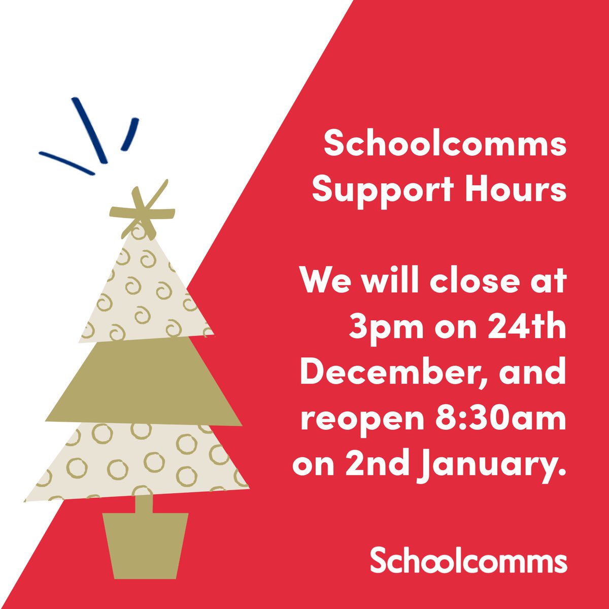 Wishing all school staff, parents, and pupils a relaxing and joyful festive break ❄️.

Please note our support service will be available until 3pm on Tuesday 24th December, and will reopen on Thursday 2nd January. See you all in 2025!
