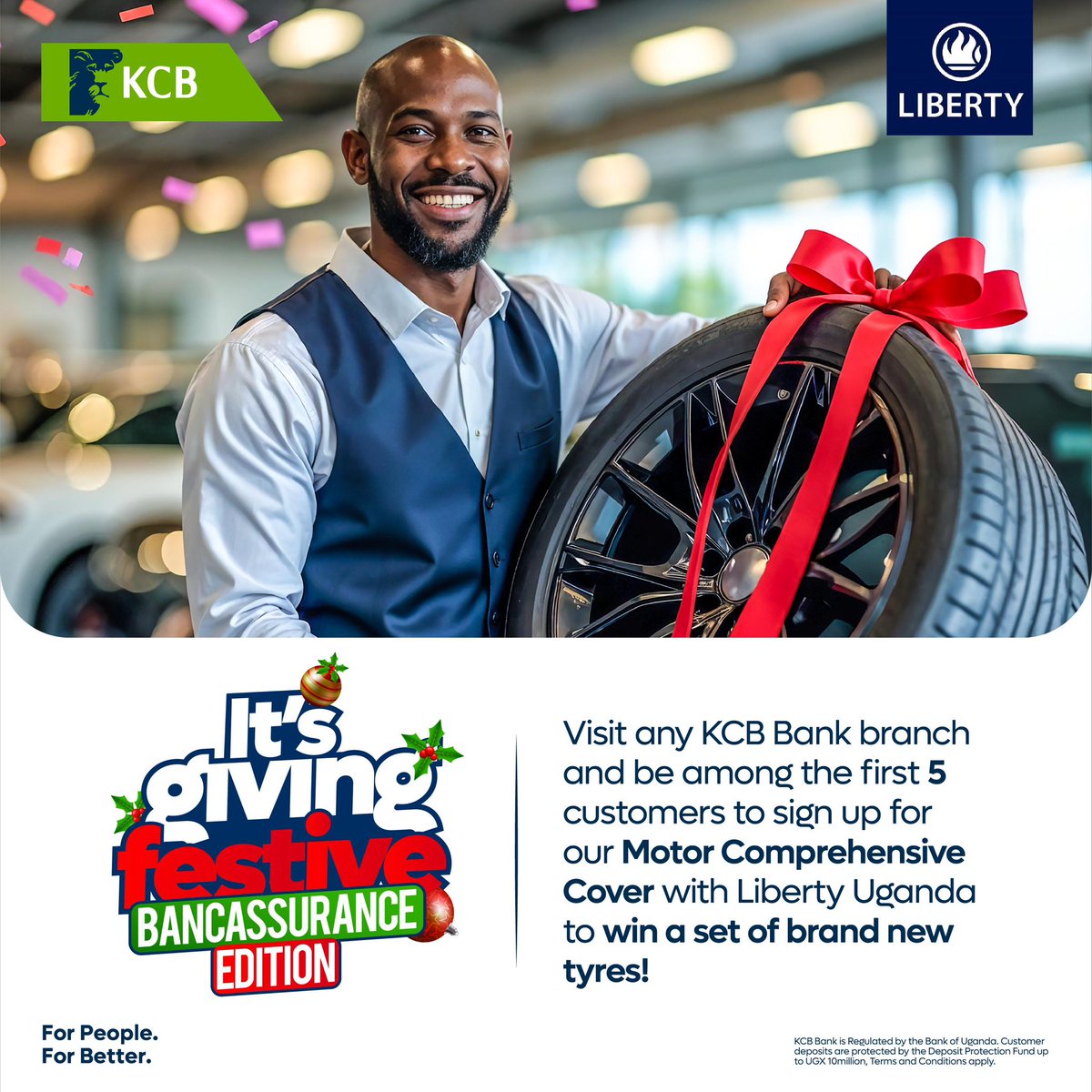 kcbbankug's tweet photo. Your car’s ready for a little TLC.
Sign up for KCB’s Motor Comprehensive Cover with Liberty Uganda, and stand a chance to win a brand new set of tyres! Visit your nearest branch today and roll in style. 🚗
#ForPeopleForBetter
#motorcomprehensivecover https://t.co/bAFcIqBx09
