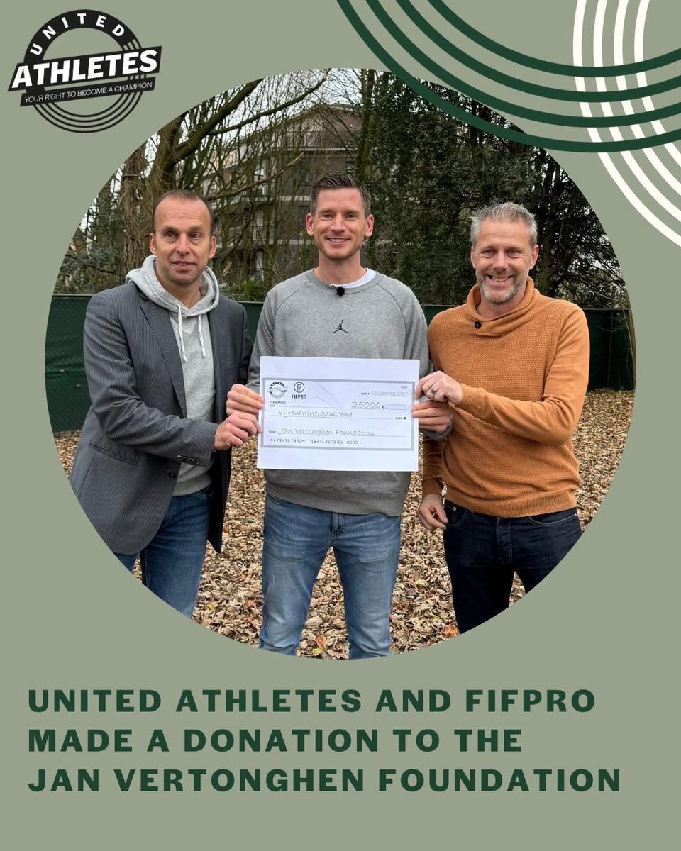 United Athletes, together with <a href="/FIFPRO/">FIFPRO</a> , handed over a cheque for €25,000 to the #JanVertonghenFoundation this week. The amount, a donation from players of the Pro League and national team, will be used for a playing field at the Middelheim Hospital in Antwerp 💚 <a href="/JanVertonghen/">Jan Vertonghen</a>