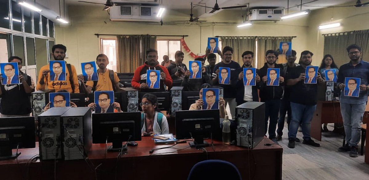 MayukhDuke's tweet photo. Dr. B.R. Ambedkar across the classrooms of Calcutta University!This protest was organised by SFI.

The entire country has taken stand against the Union Home Minister's derogatory comment.
RSS wants to destroy constitution implementing Manuwad.
Time to resist.
#AmbedkarInClassroom https://t.co/V8zdLH0J0r