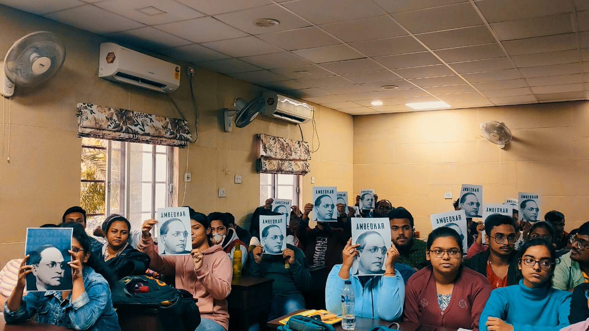 MayukhDuke's tweet photo. Dr. B.R. Ambedkar across the classrooms of Calcutta University!This protest was organised by SFI.

The entire country has taken stand against the Union Home Minister's derogatory comment.
RSS wants to destroy constitution implementing Manuwad.
Time to resist.
#AmbedkarInClassroom https://t.co/V8zdLH0J0r
