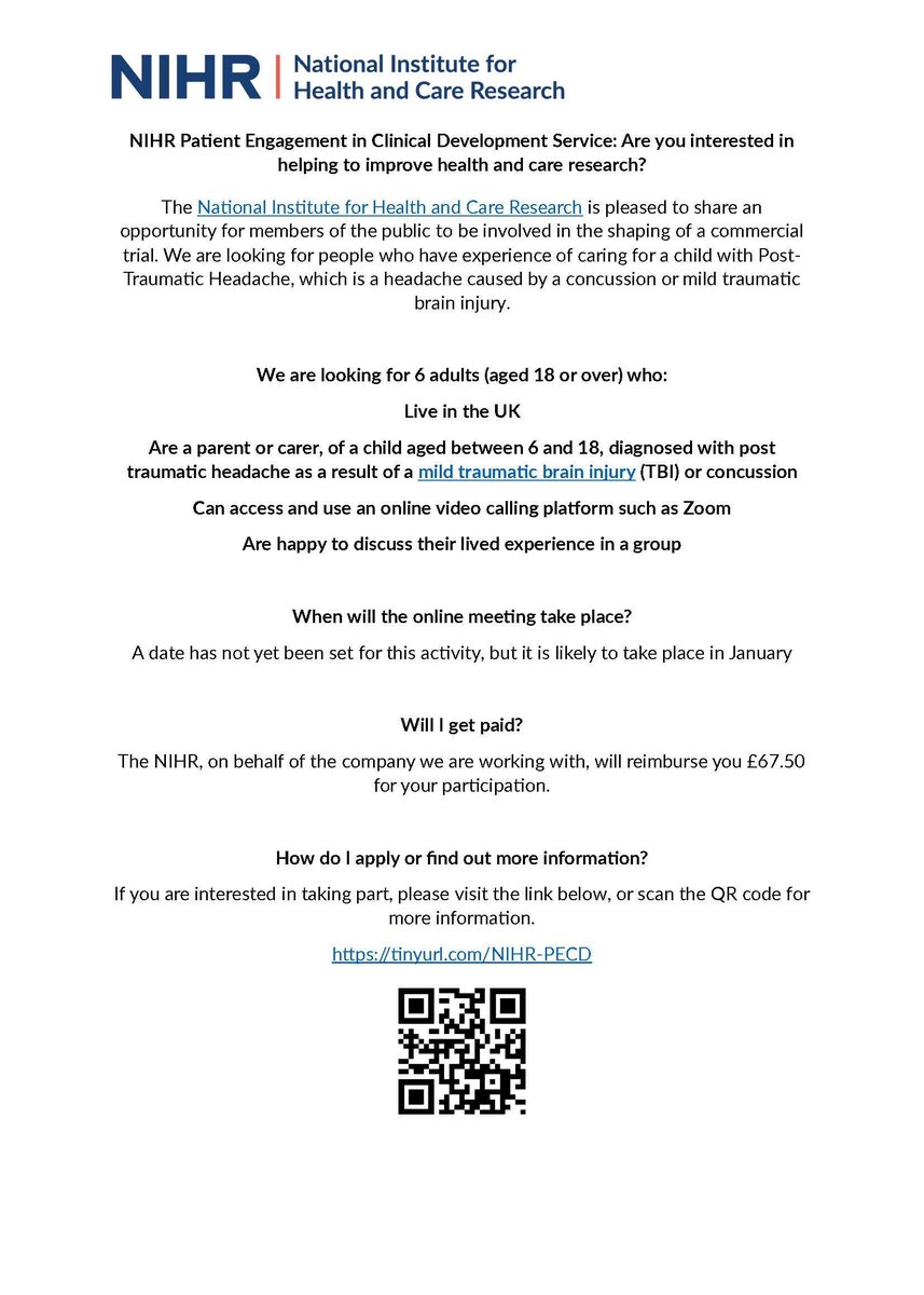 **Research opportunity** Are you the parent or carer of a child aged between 6 and 18, diagnosed with post-traumatic headache as a result of a mild traumatic brain injury (TBI) or concussion? Please consider taking part: buff.ly/3Zzyz3R