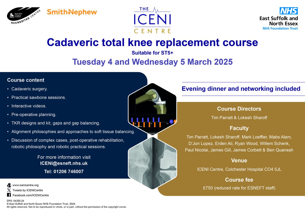 Cadaveric Total Knee Replacement Course 4 &amp; 5 March 2025 
Limited places available and filling fast
Practical sawbones &amp; cadaveric sessions
TKR designs &amp; kit, gaps &amp; gap balancing
Complex cases
Robotic sawbones
<a href="/SmithNephewPLC/">Smith+Nephew</a> <a href="/BritOrthopaedic/">BOA</a> 
BOOK HERE: forms.office.com/e/yJv496ZhSq