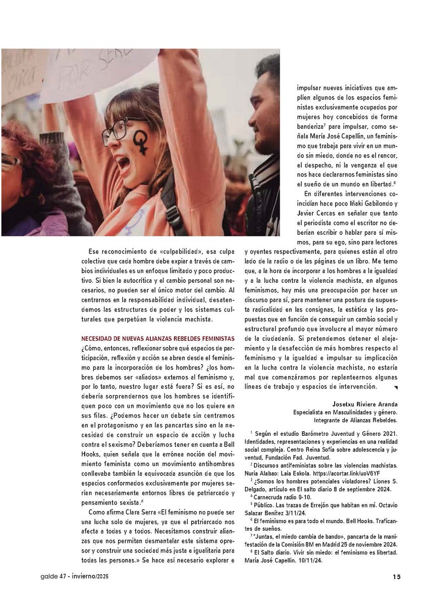 Hombres y feminismo: ¿una brecha creciente?
La distancia, al parecer creciente, entre algunos hombres y el feminismo debería hacernos replantear la utilidad de ciertas estrategias que se dirigen a trabajar con hombres y masculinidades.
galde.eu/es/hombres-y-f…