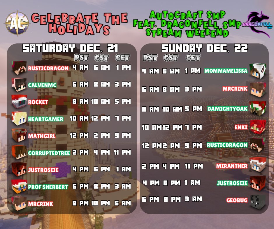 Officially announcing the Stream Schedule for the <a href="/AutoCraftSMP/">AutoCraft SMP</a> - <a href="/DragonfellSMP/">Dragonfell SMP</a> Crossover event!

We'll be starting 24 hours from this tweet! Can't wait to see you all there!