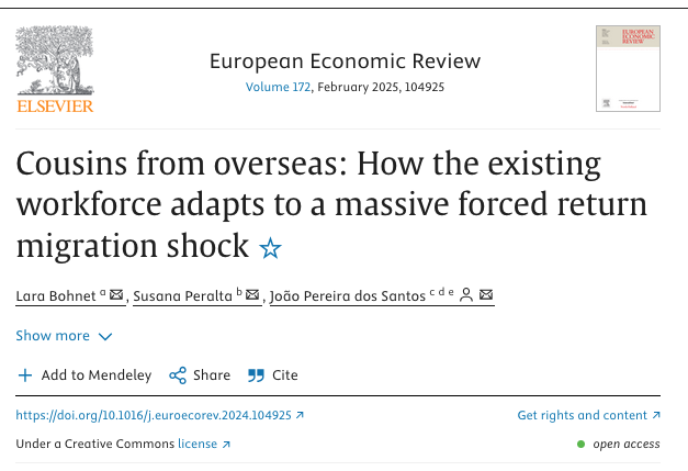 ‼️‼️Just out on the European Economic Review‼️‼️
Paper with <a href="/LaraBohnet/">Lara Bohnet</a> &amp; <a href="/JPSantos_econ/">João Pereira dos Santos @joaopsantos.bsky.social</a> about the impact of return migration from the former Portuguese colonies in Africa, in 1975-76, following the end of colonisation and the eruption of civil wars. 

sciencedirect.com/science/articl…
🧵