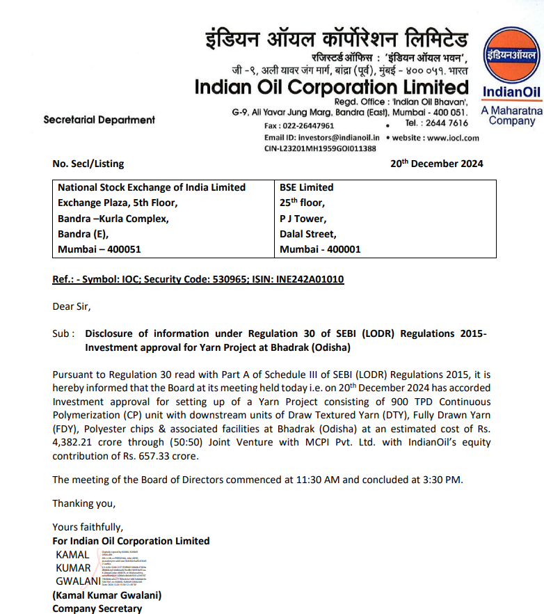 marketsday's tweet photo. Indian Oil Corporation (#IOC) board approves investment of ₹657.33 cr in #YarnProject at Bhadrak, Odisha

- Yarn project at Bhadrak, #Odisha is a JV 50:50 JV between IOC &amp; #MCPI https://t.co/S4tg4Hop34