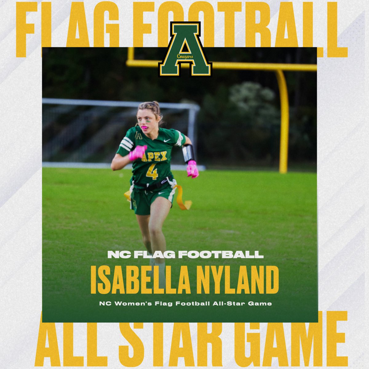 Apex Cougar Club (@apexcougarclub) on Twitter photo History in the making! 🏆👏 Shoutout to Isabella Nyland for earning her spot in the first-ever NC Women’s Flag Football All-Star Game. Representing Apex High on 12/20 in Durham—Go Cougars! 🐾
<a href="/ApexHighSchool/">Apex High School</a> <a href="/apexhsathletics/">Apex Athletics</a> <a href="/apexhsflagfb/">Apex Women's Flag Football</a> History in the making! 🏆👏 Shoutout to Isabella Nyland for earning her spot in the first-ever NC Women’s Flag Football All-Star Game. Representing Apex High on 12/20 in Durham—Go Cougars! 🐾
<a href="/ApexHighSchool/">Apex High School</a> <a href="/apexhsathletics/">Apex Athletics</a> <a href="/apexhsflagfb/">Apex Women's Flag Football</a>