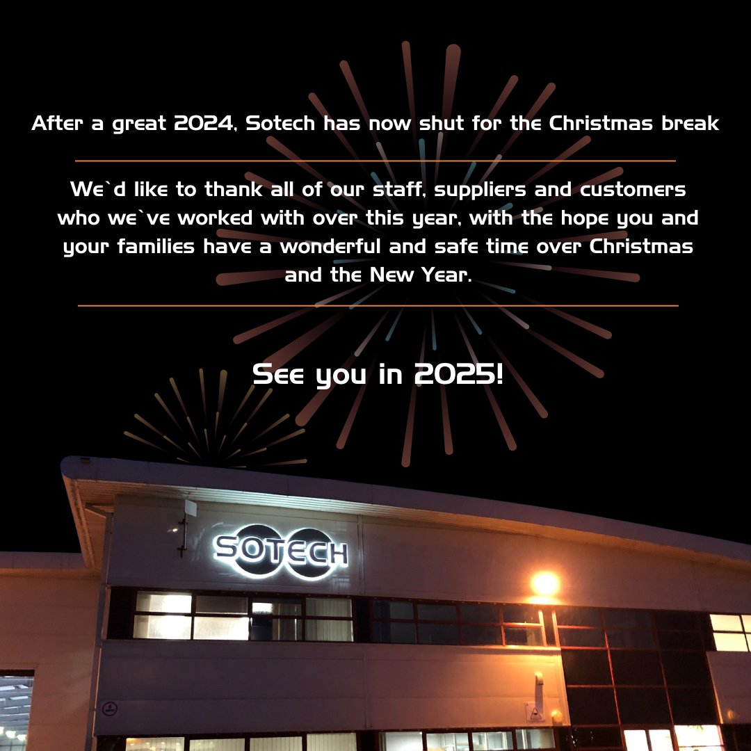 As we say goodbye to another year, we want to take this time to thank you all  for a great and innovative 2024. 

Sotech has now shut for the Christmas break, and will re-open early 2025. Have a wonderful, restful break and a Happy New Year from the whole Sotech team! 🎄 ✨