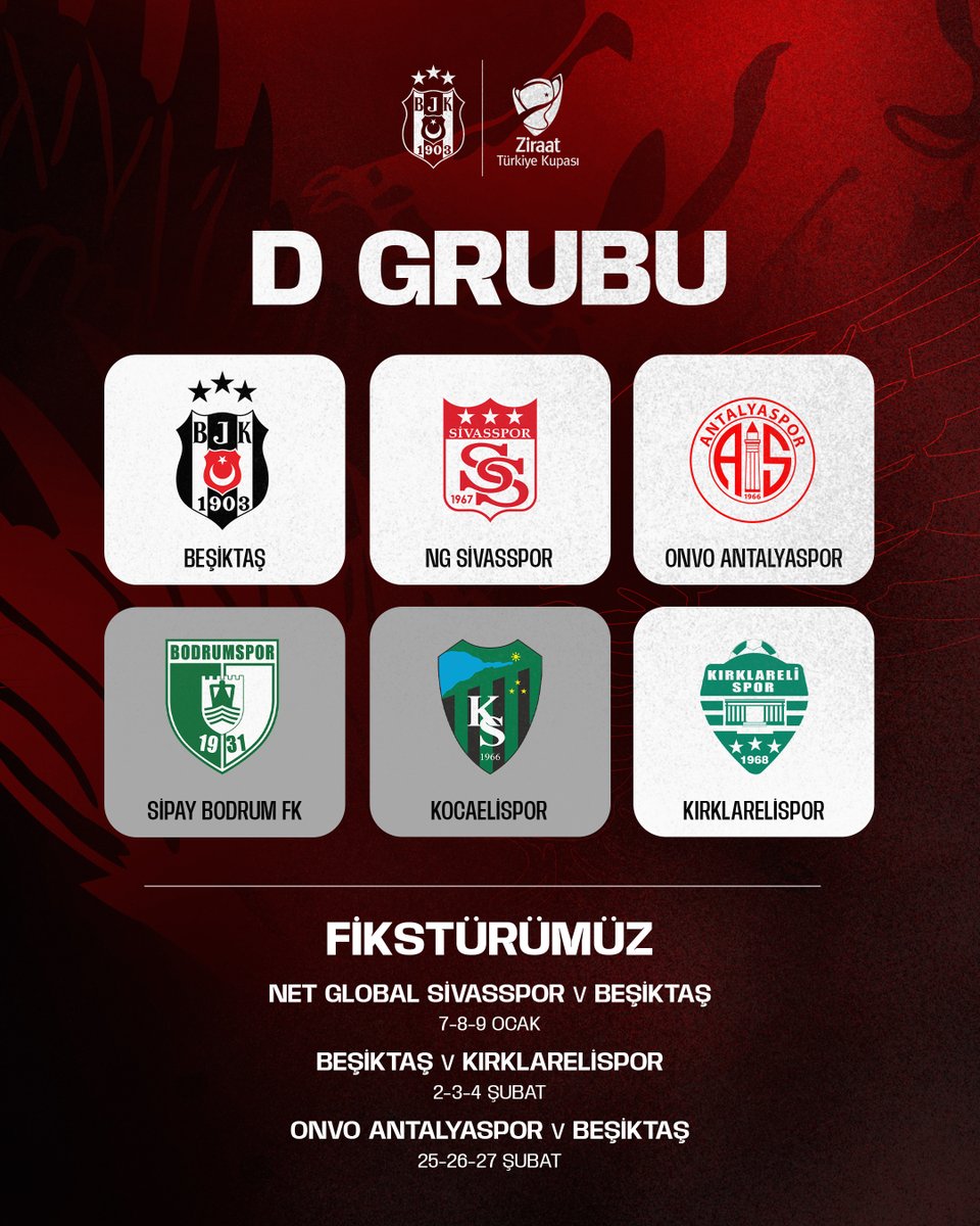 Besiktas's tweet photo. Ziraat Türkiye Kupası'nda D grubundayız!

👋🏻 @Sivasspor (D)
👋🏻 @Kirklarelispor
👋🏻 @Antalyaspor (D)

🔗 https://t.co/oMz23ltGog https://t.co/aj7bXKYsxp