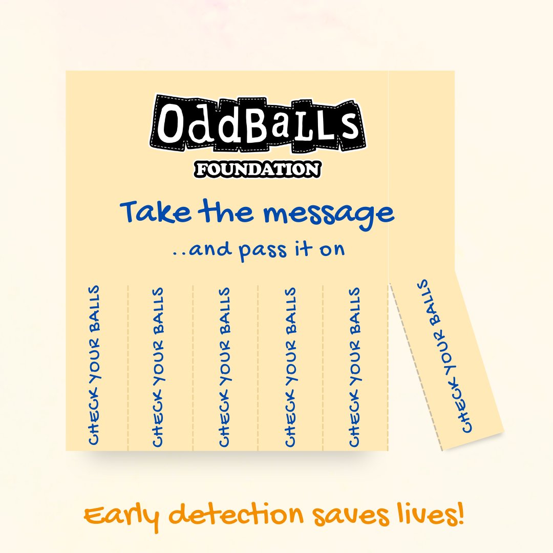 OddBallsFDN's tweet photo. Take the message...and pass it on! 🏷️ 

Early detection saves lives, so let’s remind everyone to #CheckYourBalls. 💙 

Together, we can raise awareness and make a difference. Share this post to spread the word! 👏

#TesticularCancerAwareness #TheOddBallsFoundation https://t.co/KKNwXVVpk4
