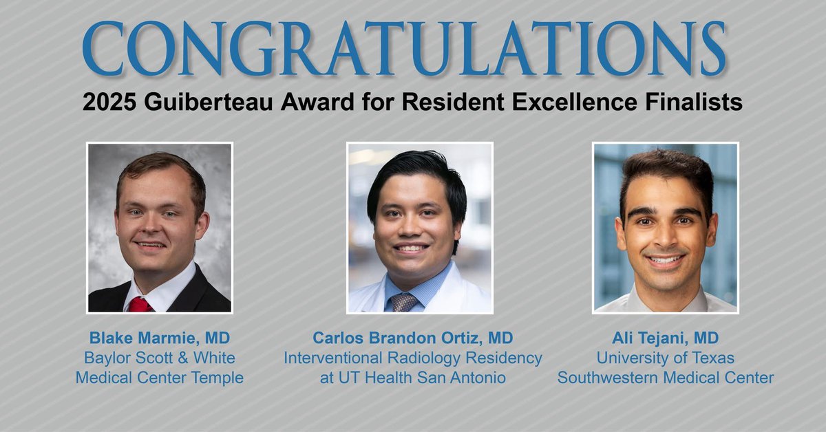 Texas Radiological Society (@txradsociety) on Twitter photo We would like to congratulate our 2025 Guiberteau Award for Resident Excellence Finalists: Blake Marmie, MD at <a href="/bswhealth_Templ/">Baylor Scott & White in Temple</a>, <a href="/cbortizmd/">Carlos Brandon Ortiz, MD</a> at <a href="/UTHealthSARad/">UT Health SA Radiology</a> and @AliTejaniMD at <a href="/UTSW_Radiology/">UTSW Radiology</a>. See you at #TRS2025! We would like to congratulate our 2025 Guiberteau Award for Resident Excellence Finalists: Blake Marmie, MD at <a href="/bswhealth_Templ/">Baylor Scott & White in Temple</a>, <a href="/cbortizmd/">Carlos Brandon Ortiz, MD</a> at <a href="/UTHealthSARad/">UT Health SA Radiology</a> and @AliTejaniMD at <a href="/UTSW_Radiology/">UTSW Radiology</a>. See you at #TRS2025!